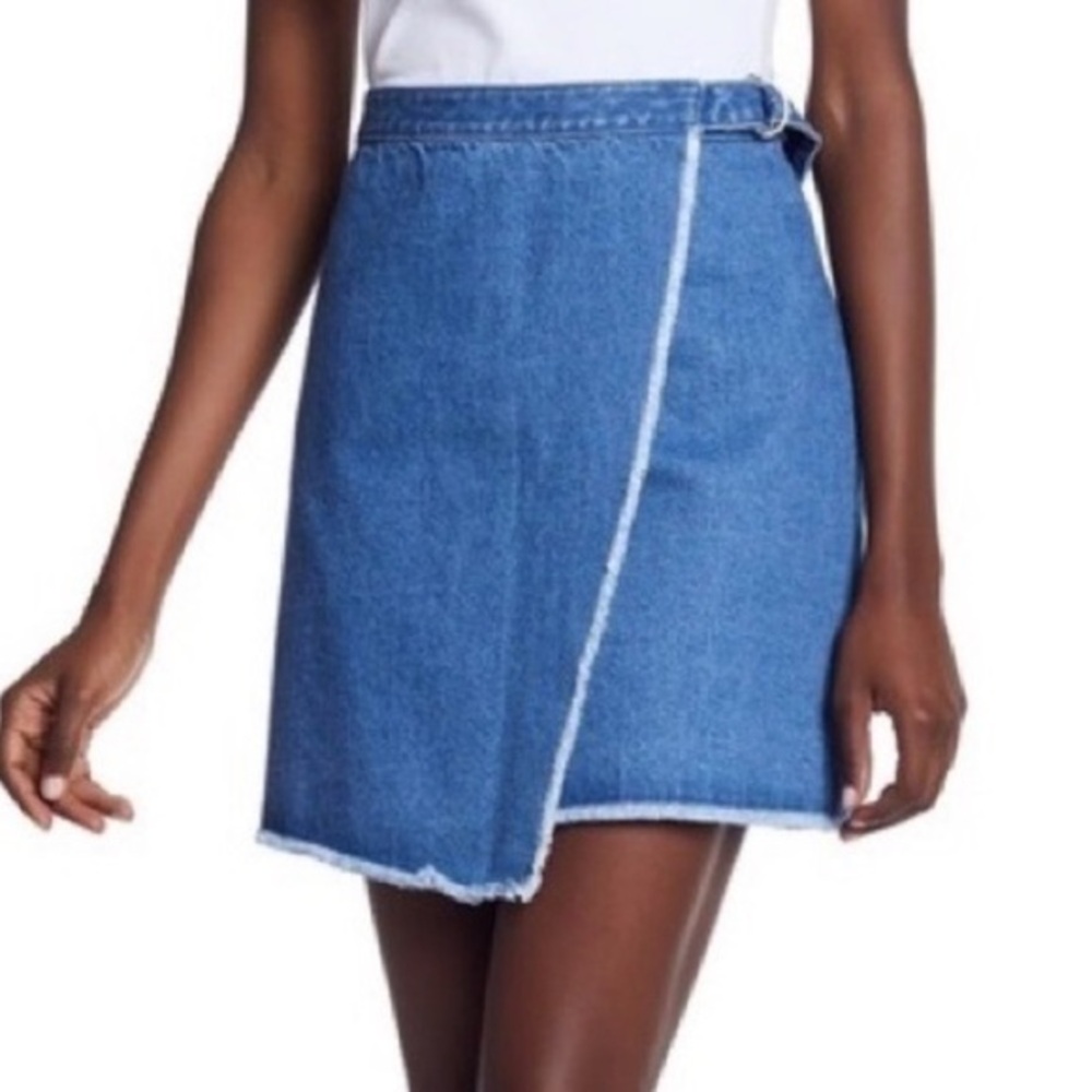 Club Monaco Denim Wrap Skirt Frayed Raw Edge Side Belt 100% Cotton Size 0